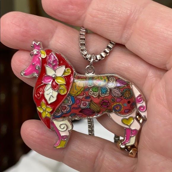 Collie enameled sculptured metal necklace - Picture 3 of 5